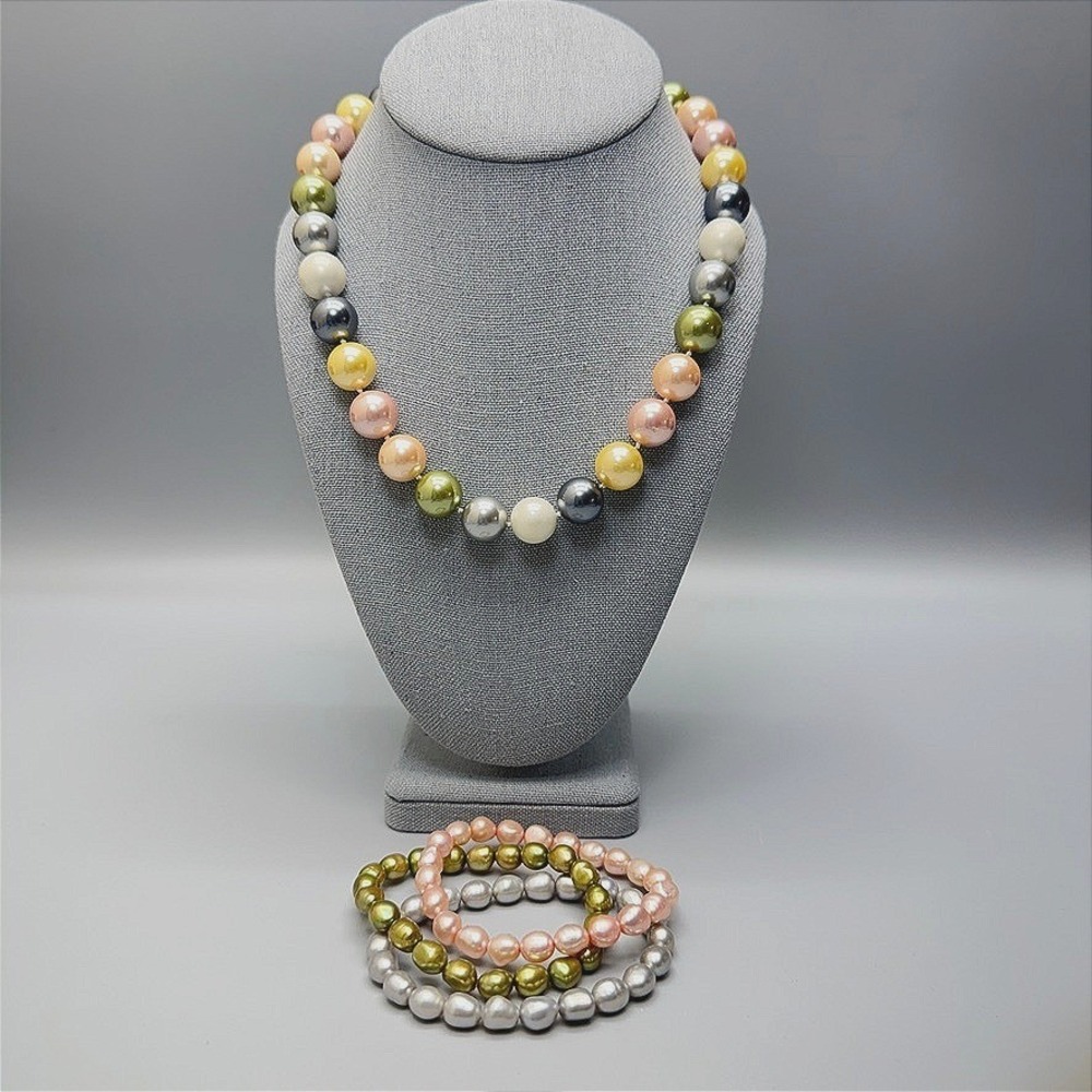 Multicolored Faux Pearl Bead Bracelet and Necklace Lot 18"‎ Pastel Spring Summer